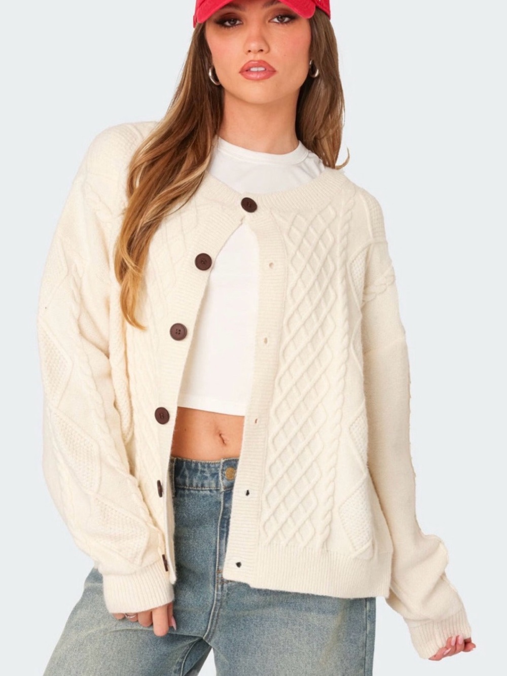 Edikted Ivory Cable Knit Button-Front Cardigan